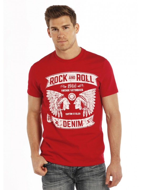 Size T-shirt with & P9-9243 red S Rock print men\'s Roll Cowboy